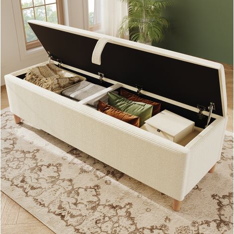 Banco arcón de 145 x 38 cm con apertura hidráulica, tela de canalé beige HAVRYA