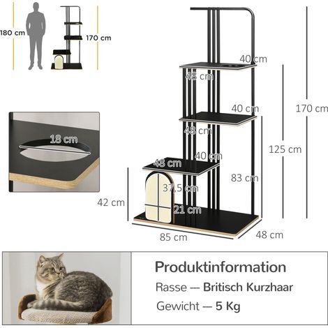 Arbre à chat, design industriel, 3 plateformes, 2 coussins, mur à griffer, structure en acier, noir, 85 x 48 x 170 cm (1/5)