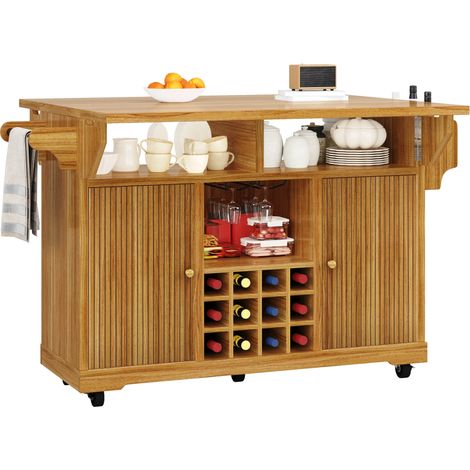 CHICFURN Desserte de cuisine mobile avec plateaux rabattables, rangement, étagères réglables et porte-bouteilles amovible, îlot sur roulettes MDF bois foncé (1/5)