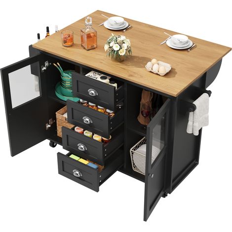 Carrello da Cucina con 2 Ante 4 Cassetti Piano Pieghevole Ruote Portasciugamani per Cucina in MDF Nero (1/5)