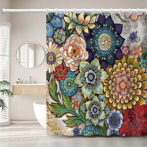 180 x 200 cm Duschvorhang mit 12 Haken, schnell trocknend (Blumen), wasserdichtes Polyestergewebe, maschinenwaschbar, Badezimmer Vorhänge