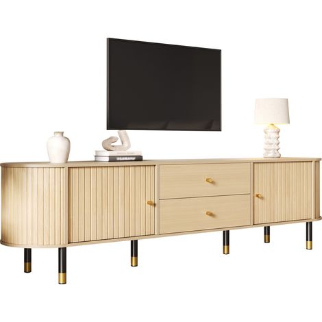 CHICFURN Meuble TV 180 cm avec 2 tiroirs, 2 portes coulissantes, finition bois clair, pour TV 75 pouces, rangement salon et câbles discrets (1/5)