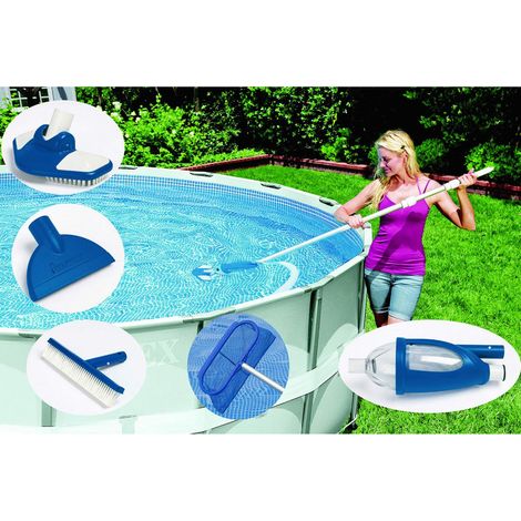 Intex – Kit d'entretien piscine 7 pièces – Manche télescopique 2,8m – Épuisette de fond – Aspirateur pré-filtre – Brosse à parois