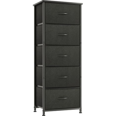 Commode, Meuble de Rangement pour Chambre, Colonne de Rangement en Tissu avec 5 Tiroirs, Cadre en Métal, Plateau Bois, Noir (1/5)