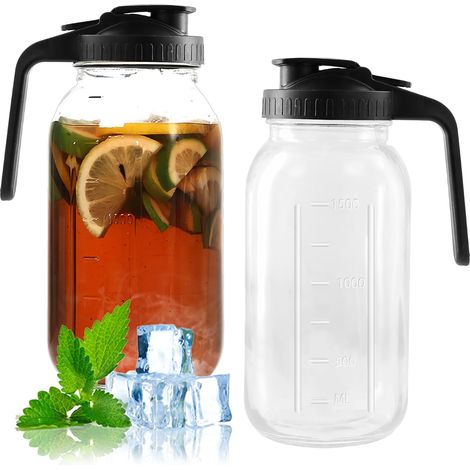 2PCS Carafe, Verre, 1.8L, Poignée, Couvercle, Bec Verseur, Joint Silicone, Réfrigérateur, Jus, Thé, Café