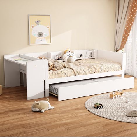 Bett modern 90x200 cm aus Kiefer und MDF in Weiss mit Ausziehbett, Schreibtisch und 3 Regalen (1/5)