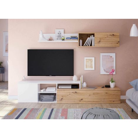 FRS – Meuble TV moderne avec module suspendu et étagère – Dimensions 220x40x44 cm – Couleur chêne effet nœuds et blanc – Panneaux mélaminés résistants (1/5)