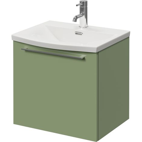 Napoli 390 Olive Green 500mm Wall Mounted Single Drawer Vanity Unit with Arc Basin - 500mm - Chrome 320mm Handle