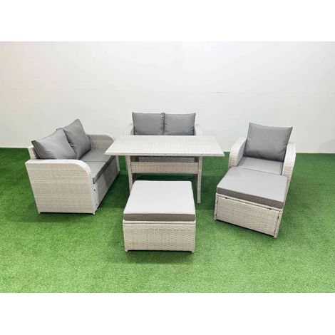 Fimous High Back Poly Rattan Garden Furniture Set with Reclining Chair Loveseat Sofa Rectangular Dining Table Indoor Outdoor Patio Set 2 Big Stool Light Grey (1/4)
