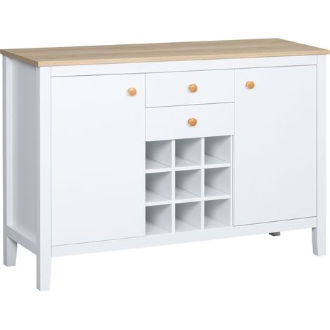 Buffet meuble de rangement avec 2 tiroirs, 2 portes étagères réglables et porte-bouteilles pour 9 bouteilles, blanc