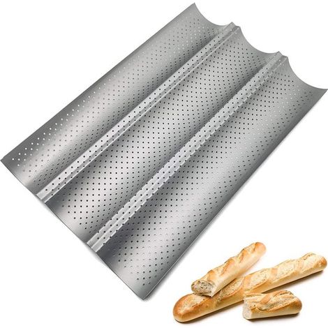 Baguette Backform Baguette Backblech 3 reihig Gebäck Baguette Form Backform Brotbackform Hot Dog Brötchen Perforiert und antihaftbeschichtet 38 c (1/5)