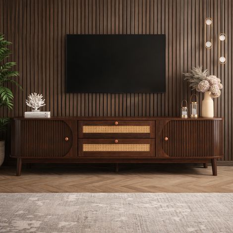 Meuble TV Bas 170 cm en Bois Massif et Rotin, Style Maison de Campagne, 2 Tiroirs, 2 Portes Coulissantes, Pour Salon, Marron (1/5)