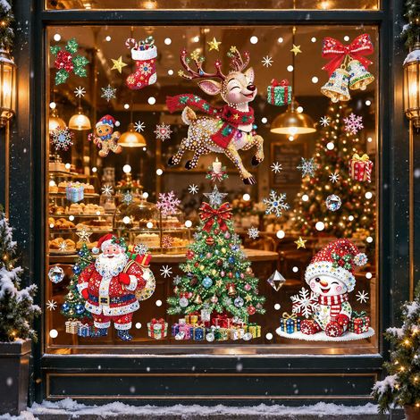 Stickers statiques pour vitrines, motif mosaïque strass, Père Noël et bonhomme de neige, décorations de Noël, stickers pour vitrines de magasins.