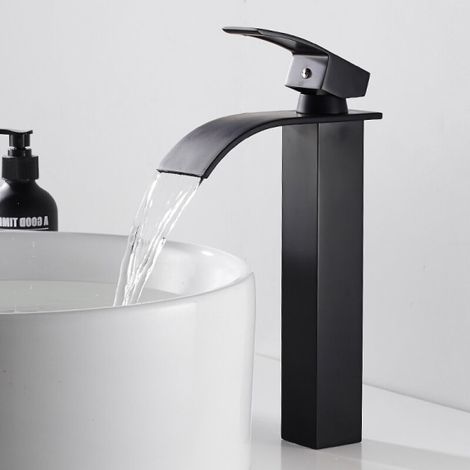 Robinet de lavabo noir à bec haut, mitigeur levier unique, un trou, en cuivre, modèle col de cygne, finition mate, pour vasque, monocommande, moderne, robinetterie haut de gamme. (1/4)