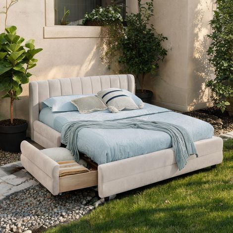Cadre de lit beige en chenille 85 x 63 x 29,5 cm (1/5)