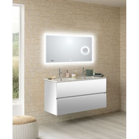 Sanijura – Meuble double vasque NOLITA 120cm – Blanc brillant – Miroir LITE 117cm avec éclairage intégré – 2 tiroirs avec amortisseurs (1/5)