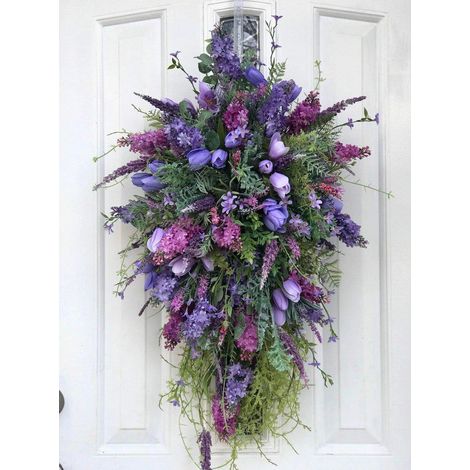 Couronne de fleurs violettes 52cm, tulipe lilas, jacinthe, hortensia, décor maison printemps été, guirlande florale multicolore (1/3)