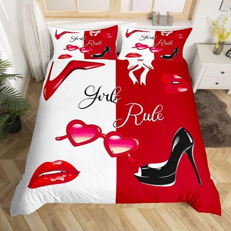Couple Romantique Mariage Sur Le Thème Parure de Lit 140x200cm Rouge Blanc Créatif Citations Amusantes Parure Housse de Couette Mode Femmes Maquillage Sexy Lèvres Housse de Couette Saint Valentin - 14 (1/5)