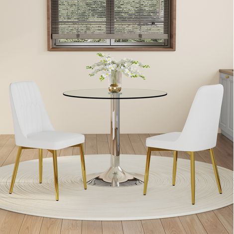 Ensemble table à manger ronde en verre trempé 85 cm avec 2 chaises PU blanc et or (1/5)