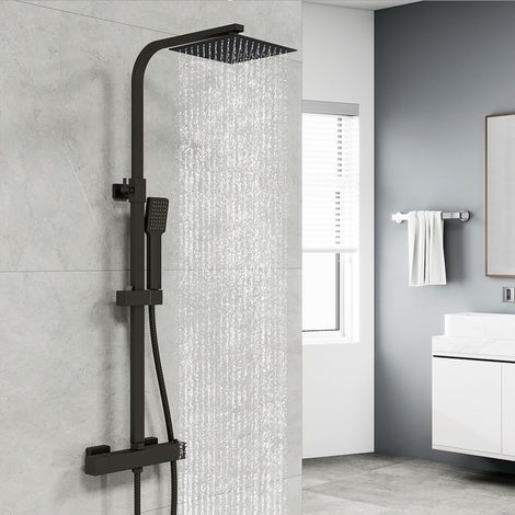 OCEAN Colonna Doccia Termostatica Sistema Doccia Nero Elegante Set Doccia con Miscelatore Termostatico per Bagno Soffione Doccia a Pioggia Quadrato (1/5)