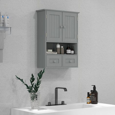 Mueble de baño de pared, con puertas, estante y 2 cajones, 50,8 cm de ancho x 17,8 cm de profundidad x 66 cm de alto, color gris.