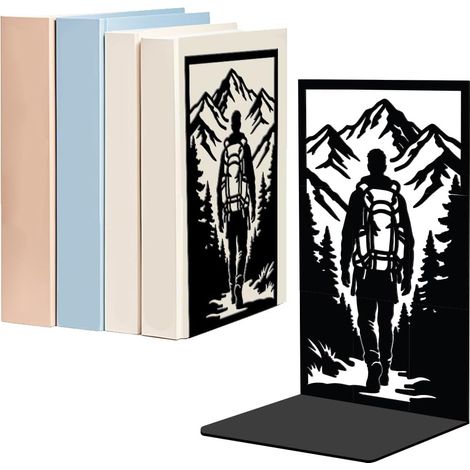 1 Paire de Serre-Livres Décoratifs Jungle Adventures, Randonneur Forêt Montagne Rustique Serre-Livres Métal Lourd Noir Antidérapant pour Bibliothèque Bureau à Domicile Dortoir Tanière Rentrée (1/5)