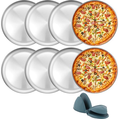 Lot de 8 Plaque Pizza Four, Plaque Pizza 30cm avec des Gants en Silicone, Plat Pizzas Rond en Acier Inoxydable pour La Cuisson au Four