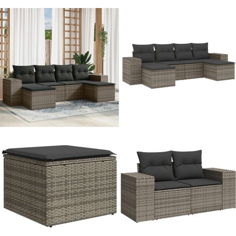 Salon de jardin 6 pcs avec coussins gris résine tressée - Salon De Jardin - Ensemble Salon Extérieur - Meuble De Jardin - Mobilier De Jardin - Set De Salon De Jardin - Home & Living (1/5)