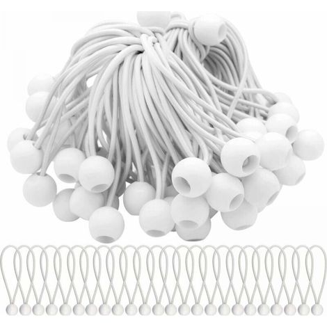 Paquet de 50 tendeurs élastiques blancs de 150mm, cordon élastique avec boule, boules élastiques extensibles pour chapiteaux, tentes, bannières et bâches (1/4)