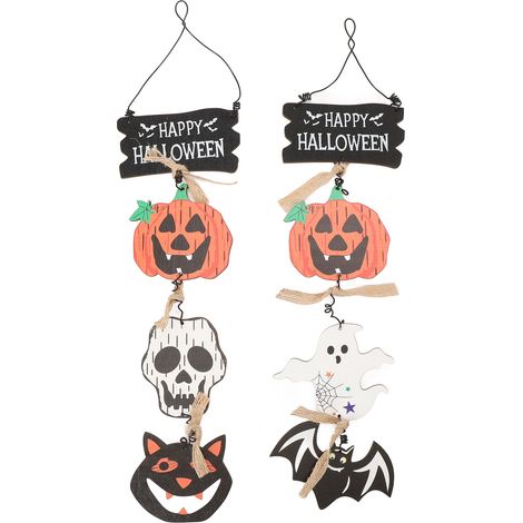 Lot de 2 panneaux suspendus en bois, décorés de citrouilles, fantômes, chauves-souris, crânes et chats noirs, pour fêtes à la maison ou en extérieur. (1/5)