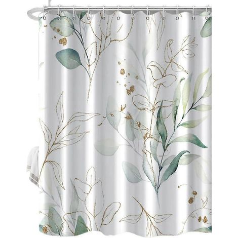 Rideau de douche anti-moisissure, 180 x 180 cm, motif feuilles aquarelle vertes, rideau de baignoire imperméable en polyester avec 12 crochets (1/5)