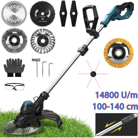 980W 14800U/min Coupe Bordure Sans Balais Sans Fil Débroussailleuse Électrique Longueur Réglable 90-136cm Compatible avec Makita 21V(Sans Batterie) 7 Types Lames Jusqu'à 300mm pour Jardin Cours Pelous (1/5)