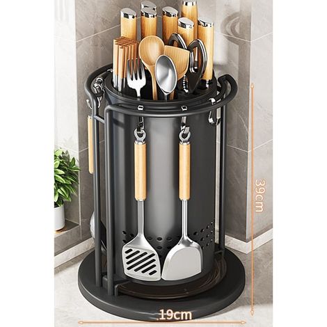 Rotierender Messerhalter für die Küche, Regal aus Karbonstahl, einteiliger Organizer, multifunktional, 39 x 19 cm, schwarz
