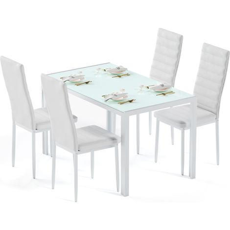 Bealife Ensemble Table et Chaises Table à Manger avec Chaises 1 Table en Verre Trempé 4 Chaises en Cuir PU Dossier Patte Metal Pied en Caoutchouc Blanc (1/5)