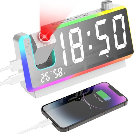 Reveil Projecteur Plafond, Réveil Projection avec Écran LED, Blanc Veilleuse RGB 8 Modes, 2 Ports USB, Double Alarme, Snooze, Luminosité 3 Niveaux, 12/24H, Horloge Projection Numérique Chambre (1/5)