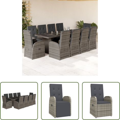 vidaXL Table jardin - Ensemble à manger de jardin 11pcs avec coussins gris poly rotin (1/5)
