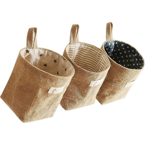 Cesta de almacenamiento de algodón y lino, caja de almacenamiento plegable de lino de 3 piezas, bolsa de almacenamiento colgante, para juguetes, maquillaje, objetos pequeños, llaves, papel higiénico, (1/5)