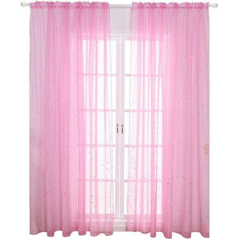 1PC Voile Window Curtain Romantic Silver Star Leaf Window Treatment Sequins Star Curtains Panel for Girl Kids Bedroom Living Room- 100 200 Cm (Pink) (1/5)