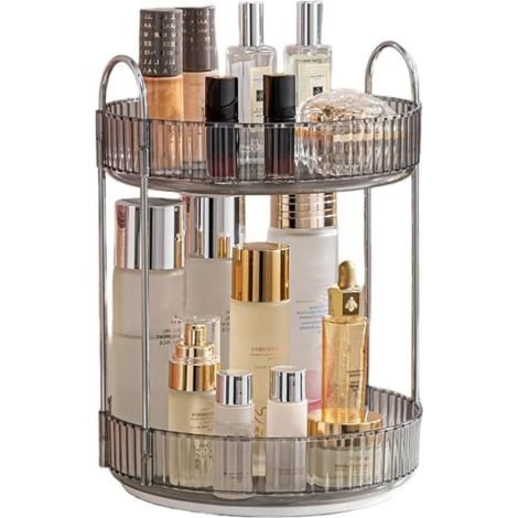 Organisateur de maquillage rotatif 360°, 2 couches, gris, pour cosmétiques et soins. (1/5)