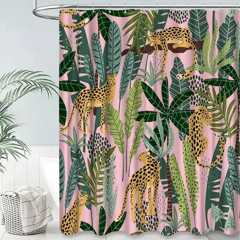 Rideau de douche bohème guépard, rideau de bain léopard tropical, rideau de salle de bain rose moderne à motif floral bleu et phases de lune, 240 x 180 cm - 94 x 70 pouces