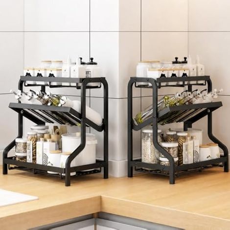 Étagère à Épices 3 Niveaux, Organisateur de Cuisine Incliné à 45°, Range Épices en Acier au Carbone, Support pour Pots à Épices, Condiments, Sauces et Assaisonnements, Noir (1/5)