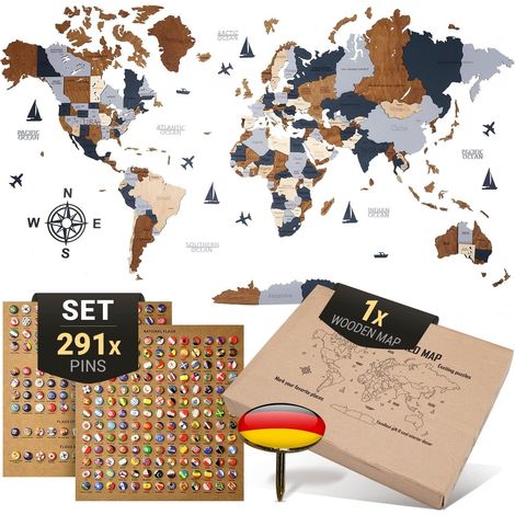 Décoration murale Carte du monde en bois 3D en allemand avec épingles Fixation murale sans outil Idée cadeau pour toute célébration Décoration murale pour la maison et le bureau (1/5)