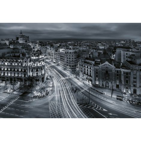 Papier peint panoramique gris Madrid urbain | Tapisserie panoramique ville moderne idéale chambre | Papier peint panoramique 3D avec immeubles - 384 X 260 cm (8 pièces) (1/2)
