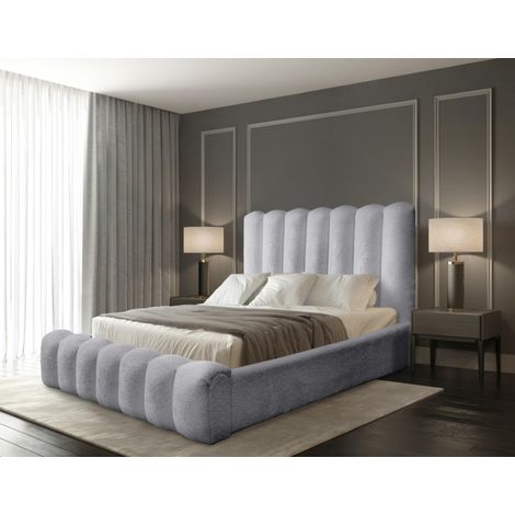 Lit coffre BADJA – Stoff Bouclé Morgengrau – 180x200 cm – Aufklappbarer Lattenrost – Hochwertiges Design