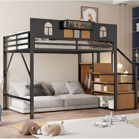 Letto a soppalco 140x200 con scala e ripiano nero OKMYHOME (1/5)