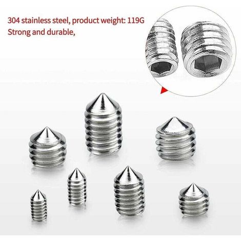 200pcs Vis Pointeau Vis Sans Tête Hexagonale  , M3 M4 M5 M6 M8 Tête Conique Acier Inoxydable 304, Vis de pression，Kits de Vis à Six Pans Creux Coupelle