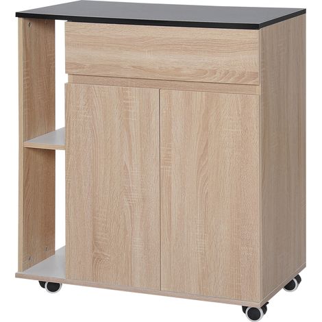 Küchenwagen, Kücheninsel mit Schublade, Schrank, 2 Seitenablagen und verstellbaren Einlegeböden, Mehrzweck-Aufbewahrungswagen aus Holz, 78 x 39,5 x 88,5 cm, Schwarz und Eiche