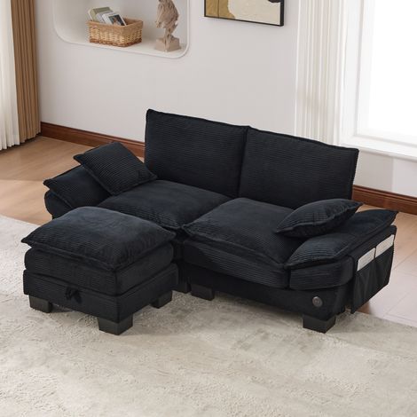 Divano modulare 2 posti 190x132x84 cm in velluto a coste nero con contenitore FLORAGRACE (1/5)