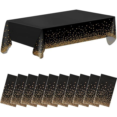 Juego de 10 manteles negros/dorados con lunares dorados, de plástico desechable de alta calidad, de 137,2 x 274,3 cm, ideales para bodas, Navidad o cumpleaños. (1/5)