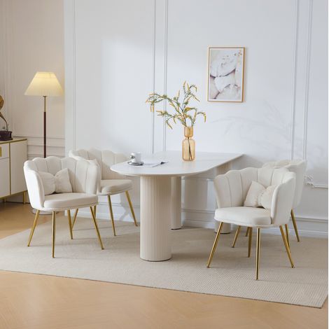 Silla de comedor de terciopelo beige, lote de 4, respaldo flor, patas metálicas doradas DESVIAE (1/5)